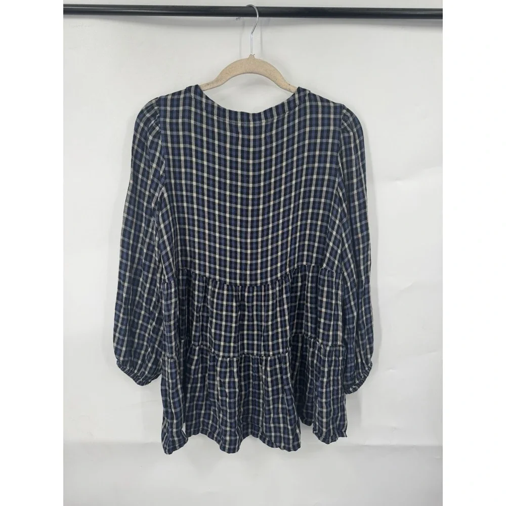 Lucky Brand Women's Size Medium Blue Plaid Button Up Tiered Peplum Tunic Western